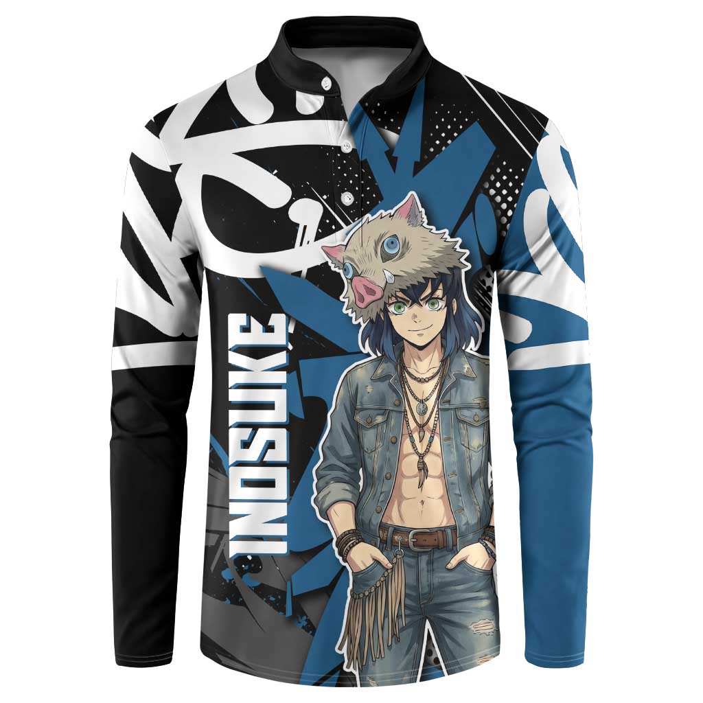 Hashibira Inosuke Demon Slayer Button Sweatshirt Blue & Black Graffiti Anime
