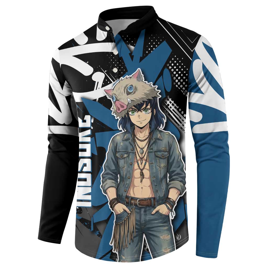Hashibira Inosuke Demon Slayer Button Sweatshirt Blue & Black Graffiti Anime