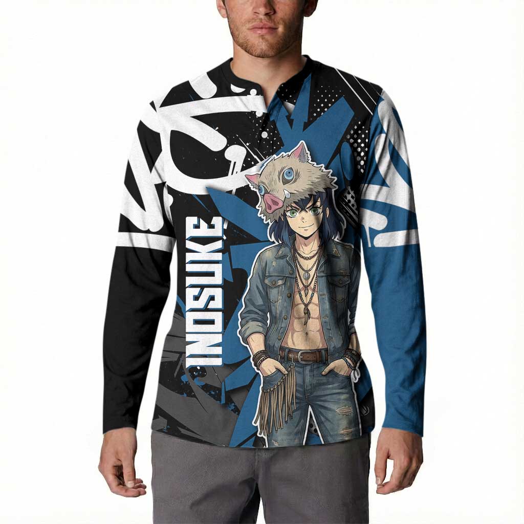 Hashibira Inosuke Demon Slayer Button Sweatshirt Blue & Black Graffiti Anime