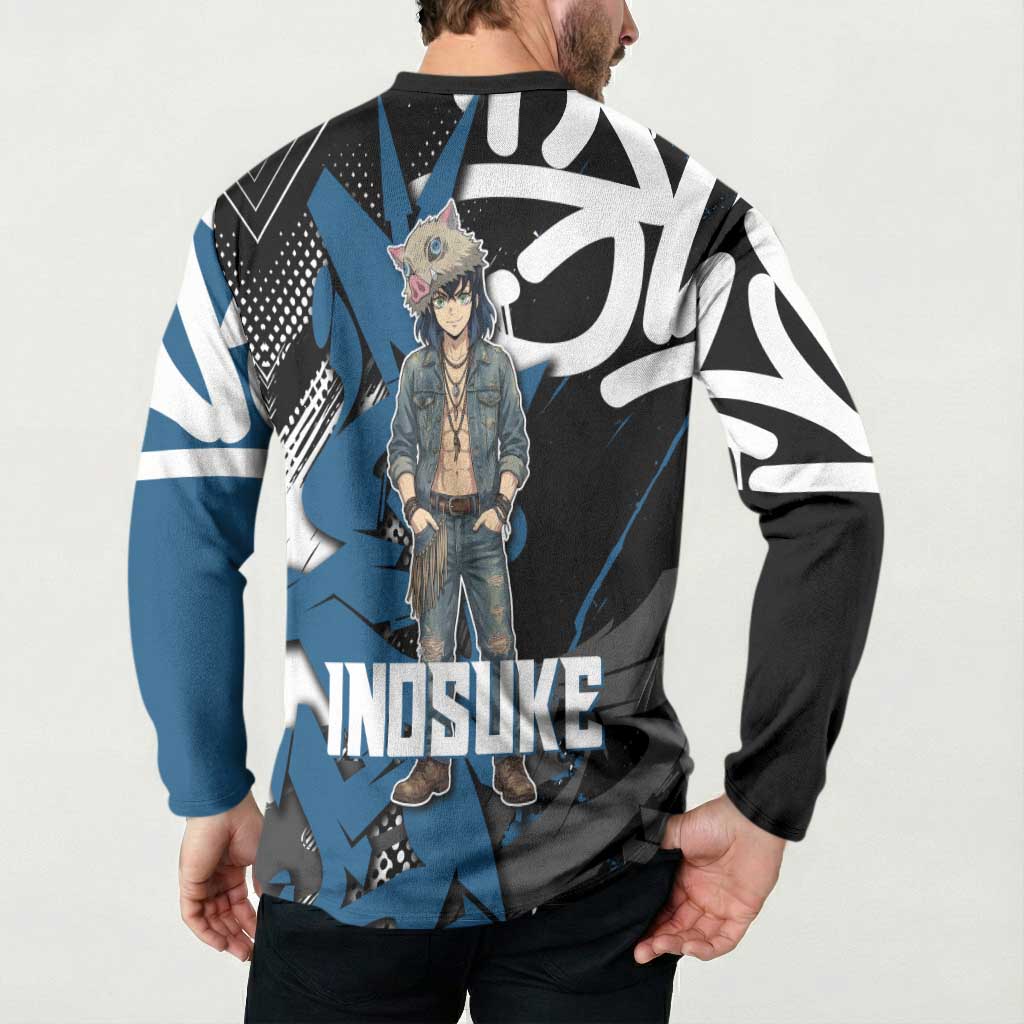 Hashibira Inosuke Demon Slayer Button Sweatshirt Blue & Black Graffiti Anime