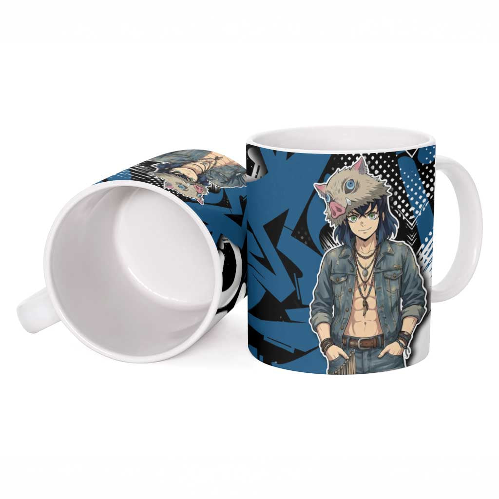 Hashibira Inosuke Demon Slayer Ceramic Mug Blue & Black Graffiti Anime