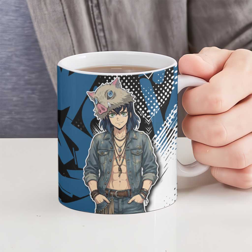 Hashibira Inosuke Demon Slayer Ceramic Mug Blue & Black Graffiti Anime