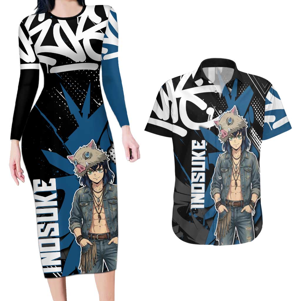 Hashibira Inosuke Demon Slayer Couples Matching Long Sleeve Bodycon Dress and Hawaiian Shirt Blue & Black Graffiti Anime