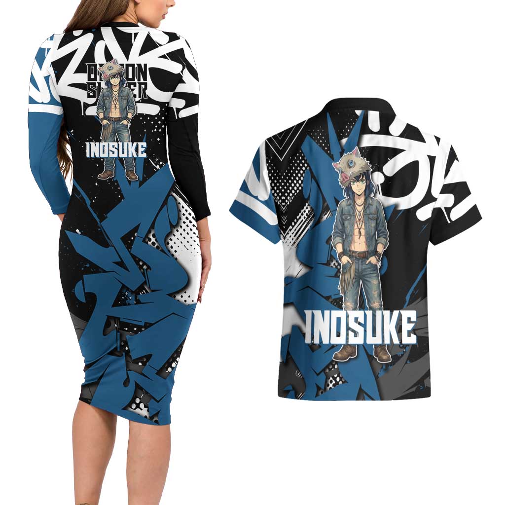 Hashibira Inosuke Demon Slayer Couples Matching Long Sleeve Bodycon Dress and Hawaiian Shirt Blue & Black Graffiti Anime