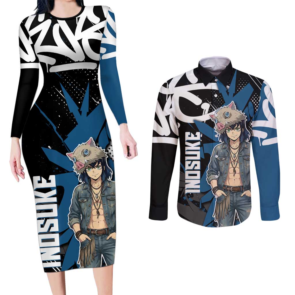 Hashibira Inosuke Demon Slayer Couples Matching Long Sleeve Bodycon Dress and Long Sleeve Button Shirt Blue & Black Graffiti Anime