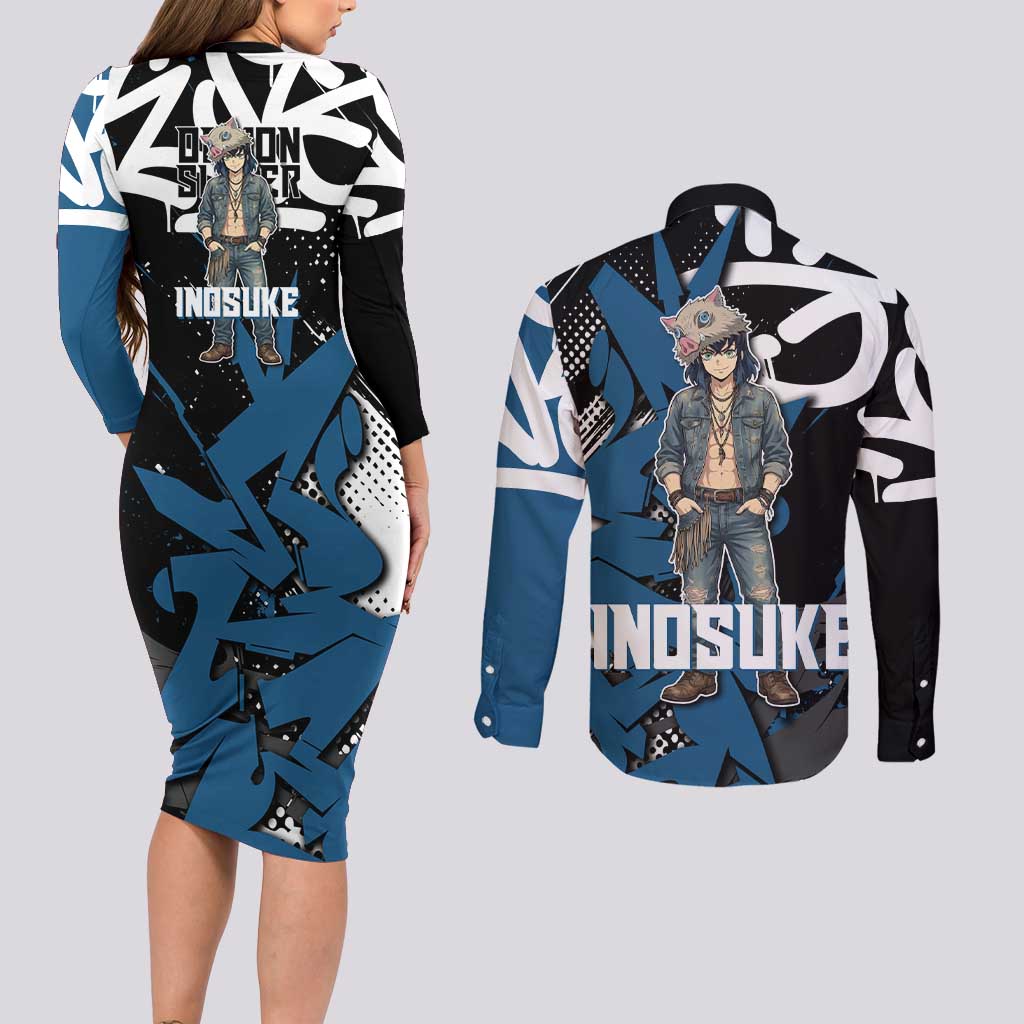 Hashibira Inosuke Demon Slayer Couples Matching Long Sleeve Bodycon Dress and Long Sleeve Button Shirt Blue & Black Graffiti Anime