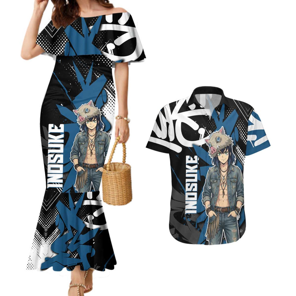 Hashibira Inosuke Demon Slayer Couples Matching Mermaid Dress and Hawaiian Shirt Blue & Black Graffiti Anime