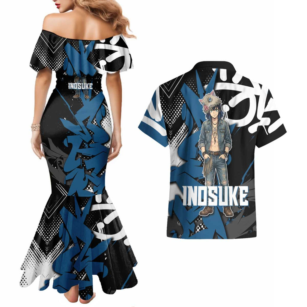 Hashibira Inosuke Demon Slayer Couples Matching Mermaid Dress and Hawaiian Shirt Blue & Black Graffiti Anime