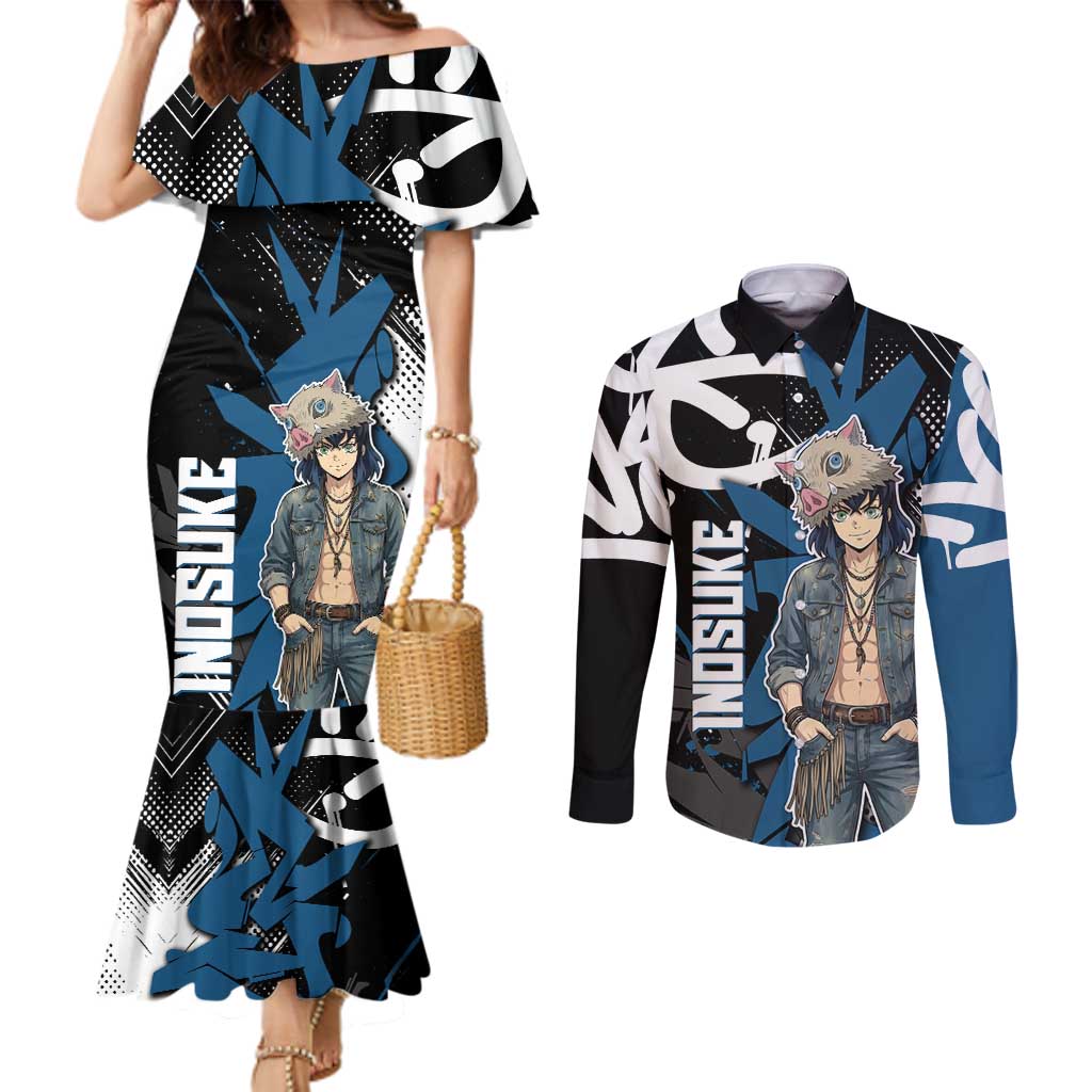 Hashibira Inosuke Demon Slayer Couples Matching Mermaid Dress and Long Sleeve Button Shirt Blue & Black Graffiti Anime