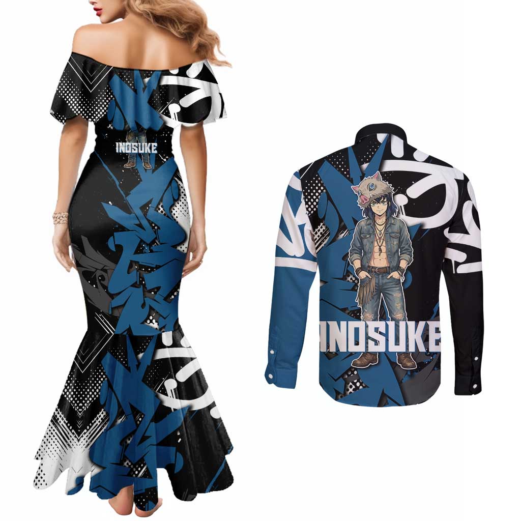 Hashibira Inosuke Demon Slayer Couples Matching Mermaid Dress and Long Sleeve Button Shirt Blue & Black Graffiti Anime