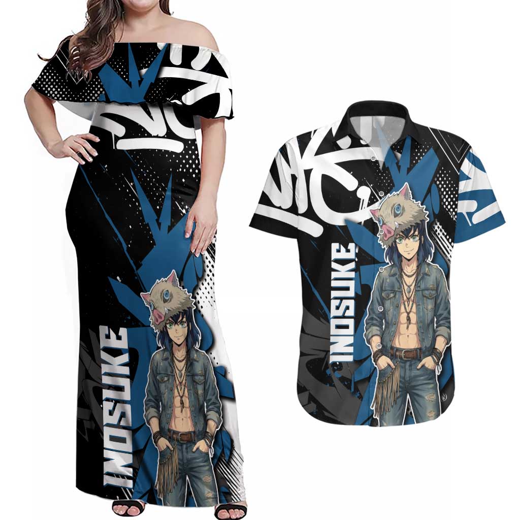 Hashibira Inosuke Demon Slayer Couples Matching Off Shoulder Maxi Dress and Hawaiian Shirt Blue & Black Graffiti Anime