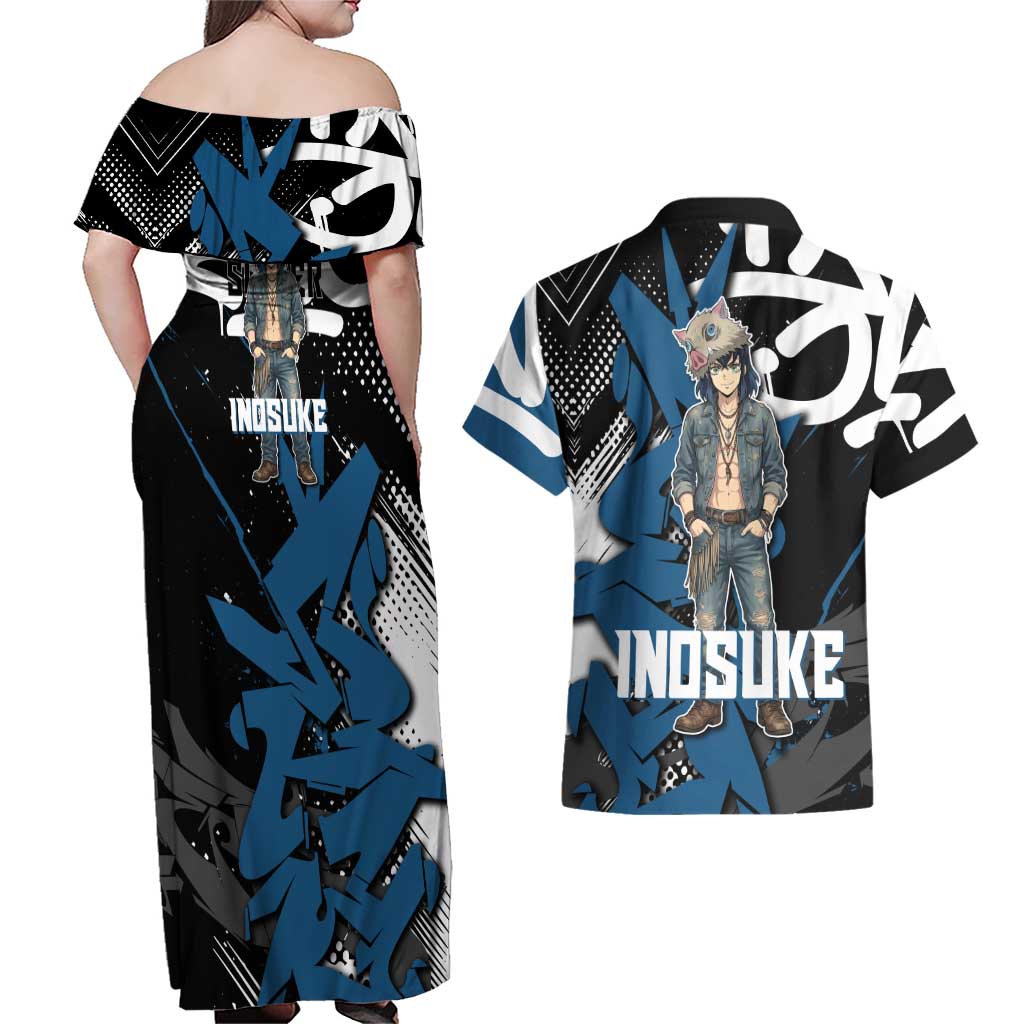 Hashibira Inosuke Demon Slayer Couples Matching Off Shoulder Maxi Dress and Hawaiian Shirt Blue & Black Graffiti Anime