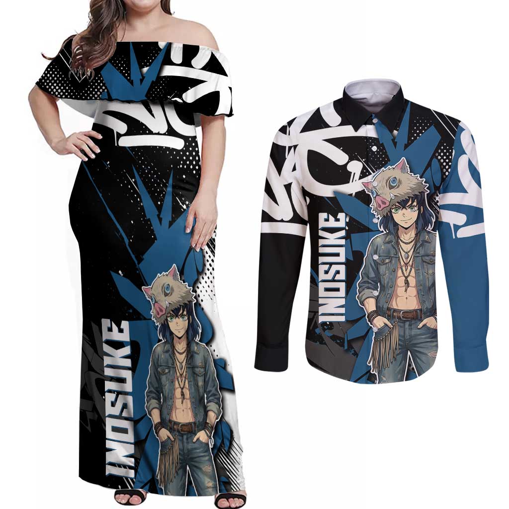 Hashibira Inosuke Demon Slayer Couples Matching Off Shoulder Maxi Dress and Long Sleeve Button Shirt Blue & Black Graffiti Anime