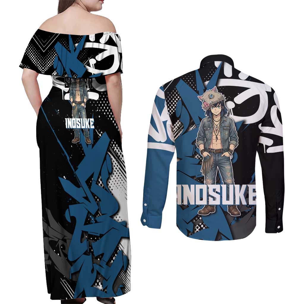 Hashibira Inosuke Demon Slayer Couples Matching Off Shoulder Maxi Dress and Long Sleeve Button Shirt Blue & Black Graffiti Anime