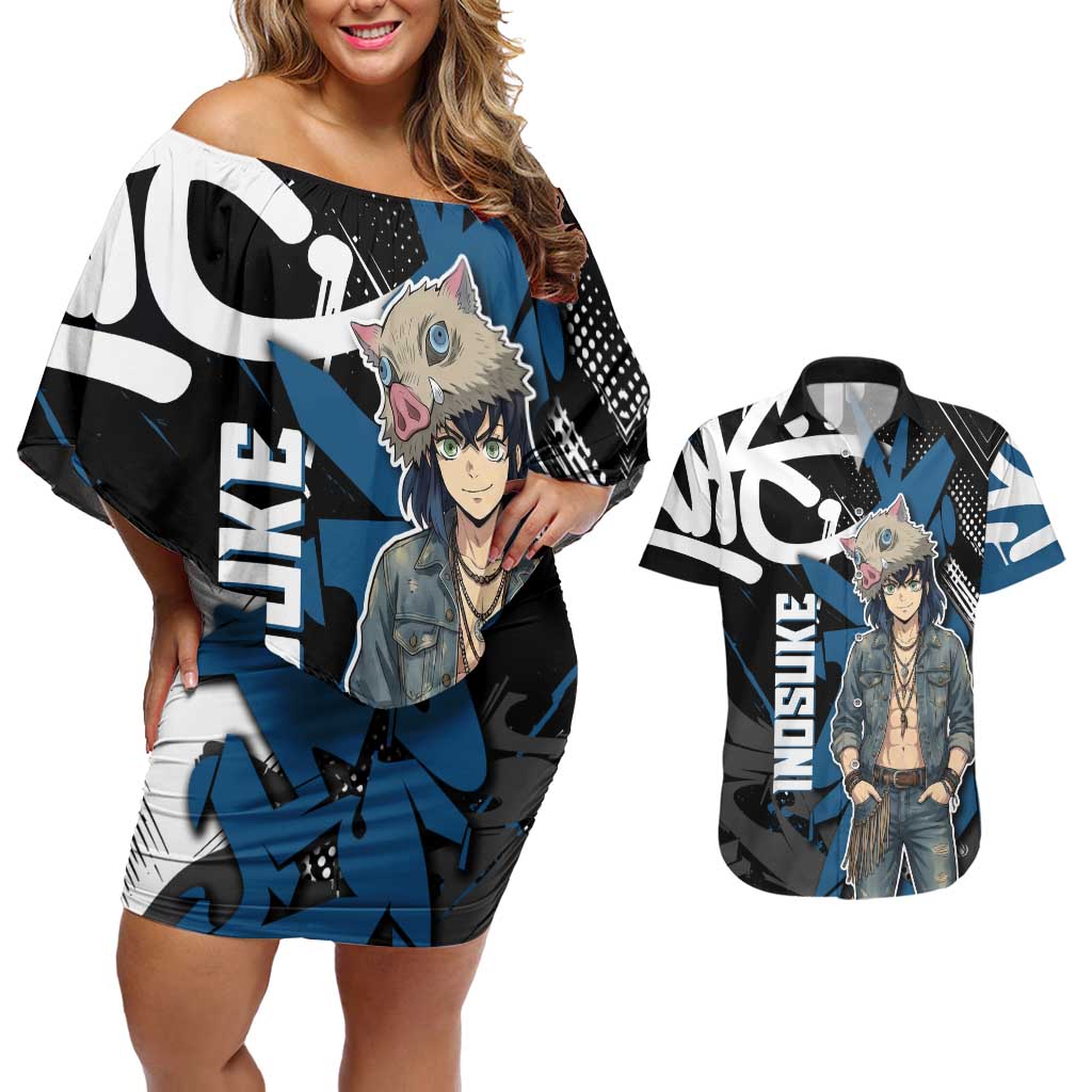 Hashibira Inosuke Demon Slayer Couples Matching Off Shoulder Short Dress and Hawaiian Shirt Blue & Black Graffiti Anime