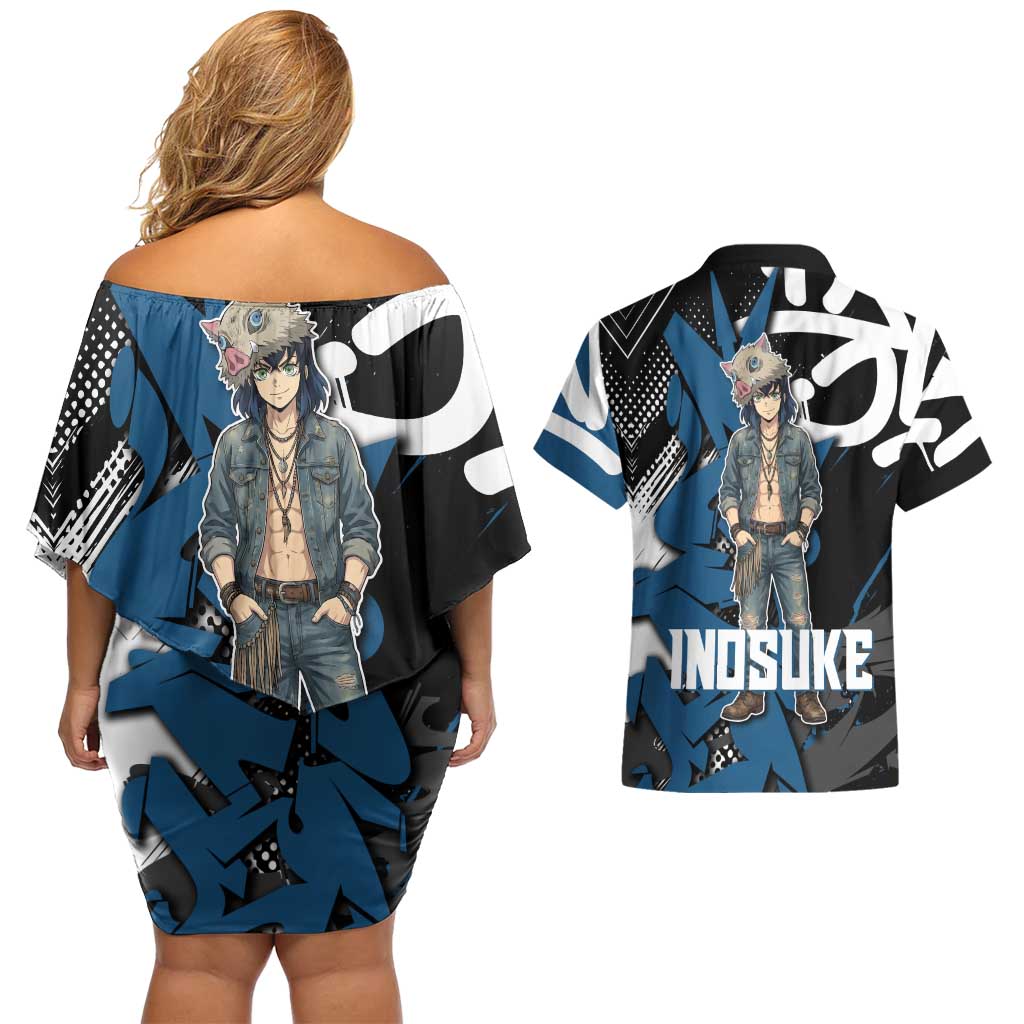 Hashibira Inosuke Demon Slayer Couples Matching Off Shoulder Short Dress and Hawaiian Shirt Blue & Black Graffiti Anime