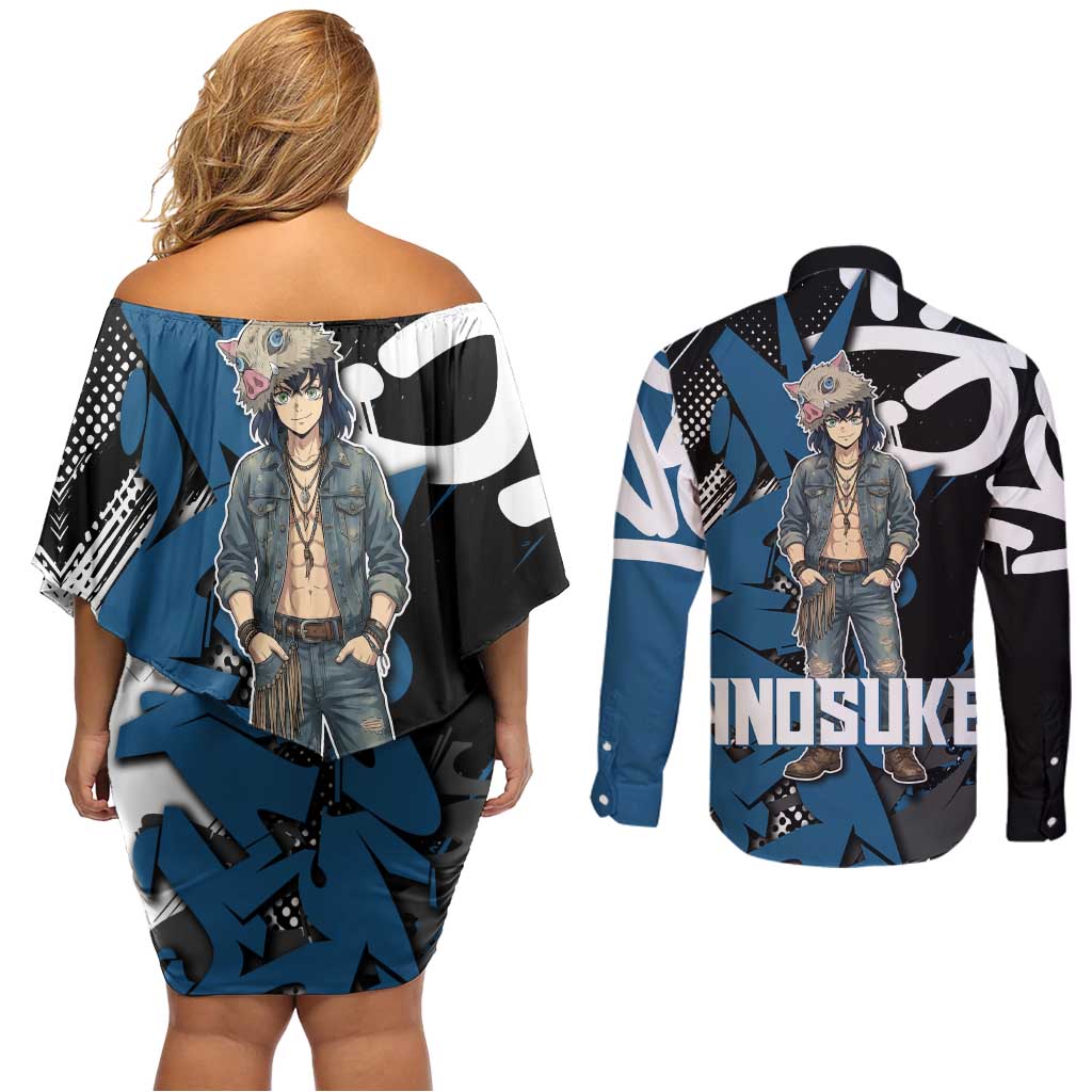 Hashibira Inosuke Demon Slayer Couples Matching Off Shoulder Short Dress and Long Sleeve Button Shirt Blue & Black Graffiti Anime