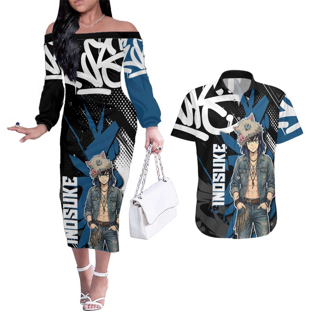 Hashibira Inosuke Demon Slayer Couples Matching Off The Shoulder Long Sleeve Dress and Hawaiian Shirt Blue & Black Graffiti Anime