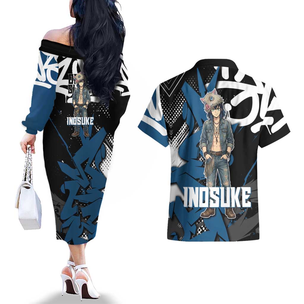 Hashibira Inosuke Demon Slayer Couples Matching Off The Shoulder Long Sleeve Dress and Hawaiian Shirt Blue & Black Graffiti Anime