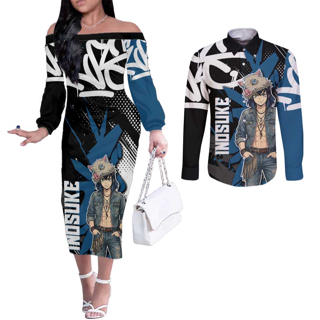 Hashibira Inosuke Demon Slayer Couples Matching Off The Shoulder Long Sleeve Dress and Long Sleeve Button Shirt Blue & Black Graffiti Anime