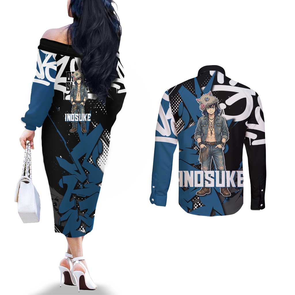 Hashibira Inosuke Demon Slayer Couples Matching Off The Shoulder Long Sleeve Dress and Long Sleeve Button Shirt Blue & Black Graffiti Anime