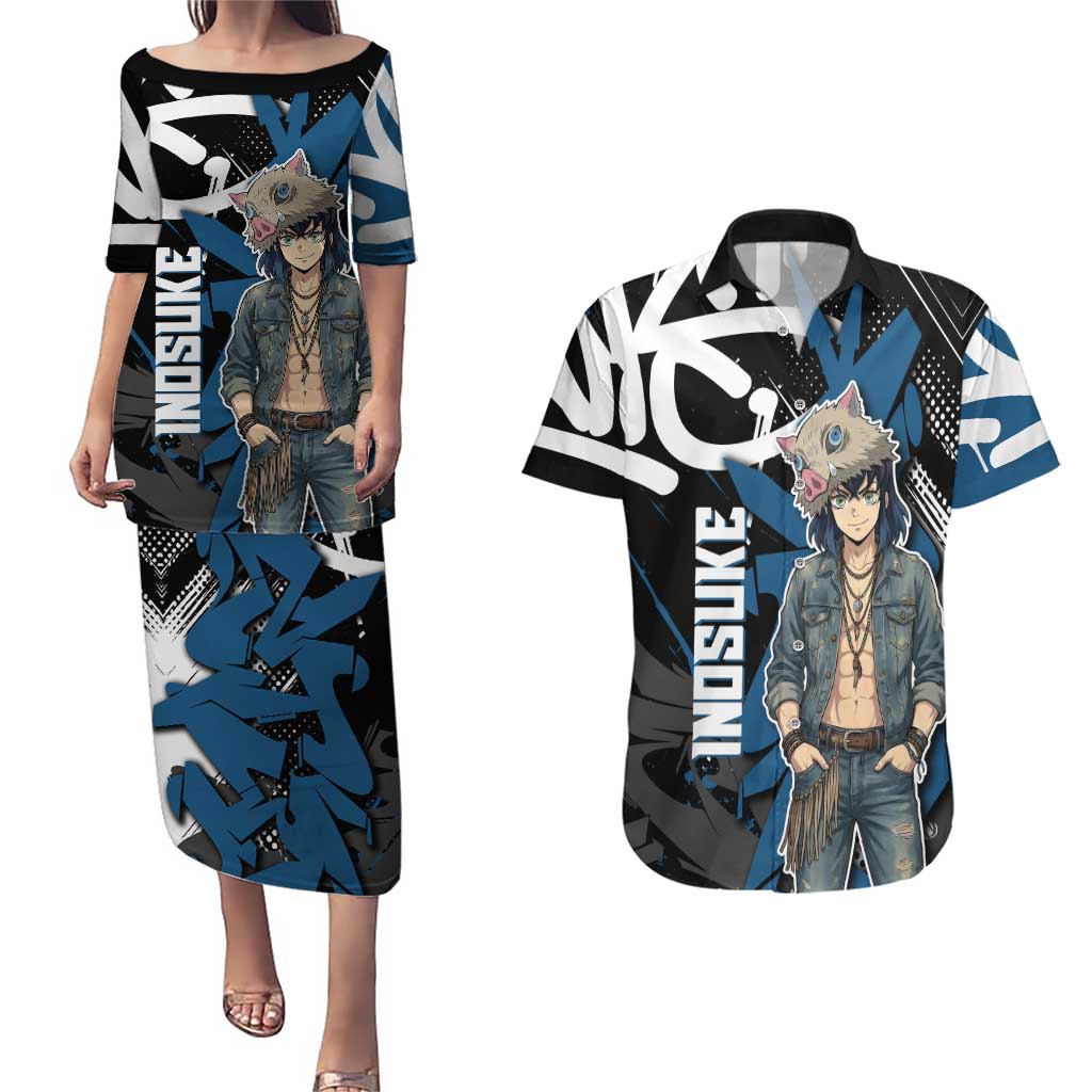Hashibira Inosuke Demon Slayer Couples Matching Puletasi and Hawaiian Shirt Blue & Black Graffiti Anime