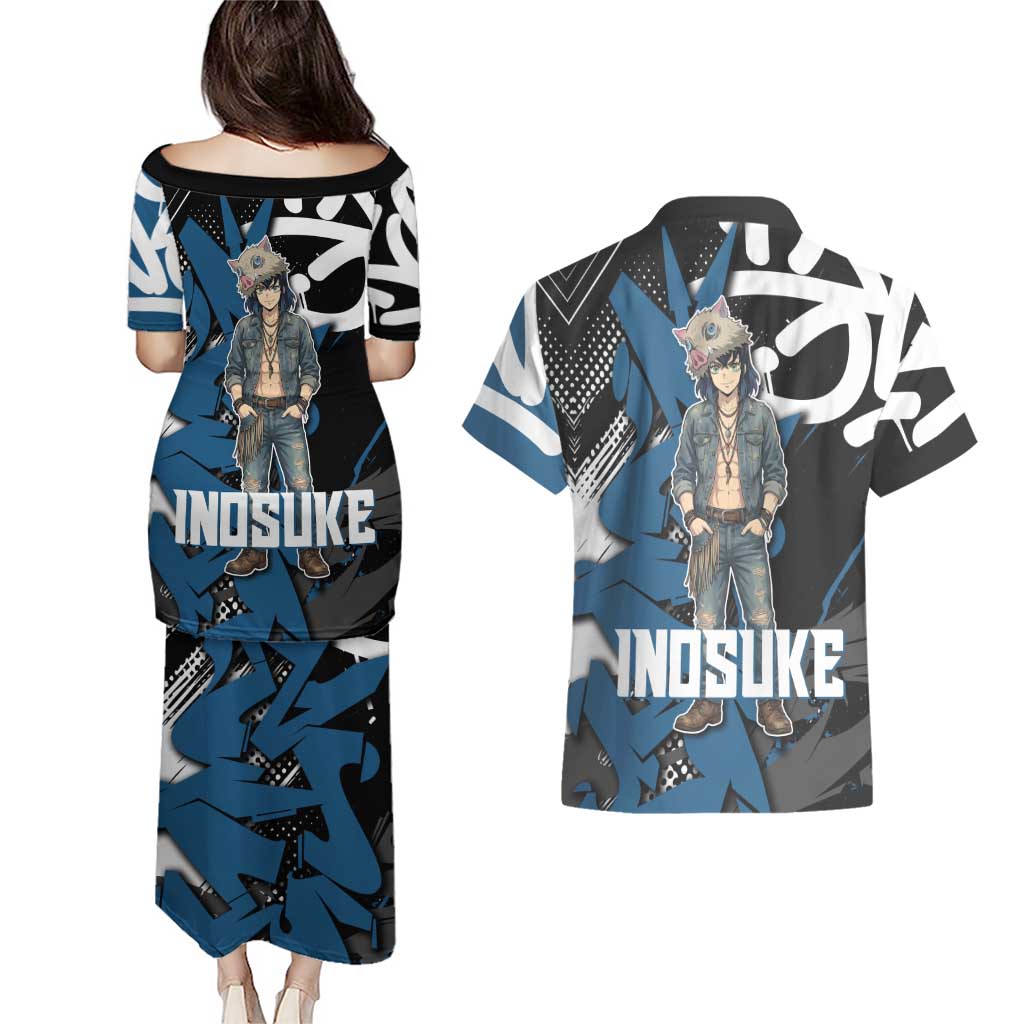 Hashibira Inosuke Demon Slayer Couples Matching Puletasi and Hawaiian Shirt Blue & Black Graffiti Anime