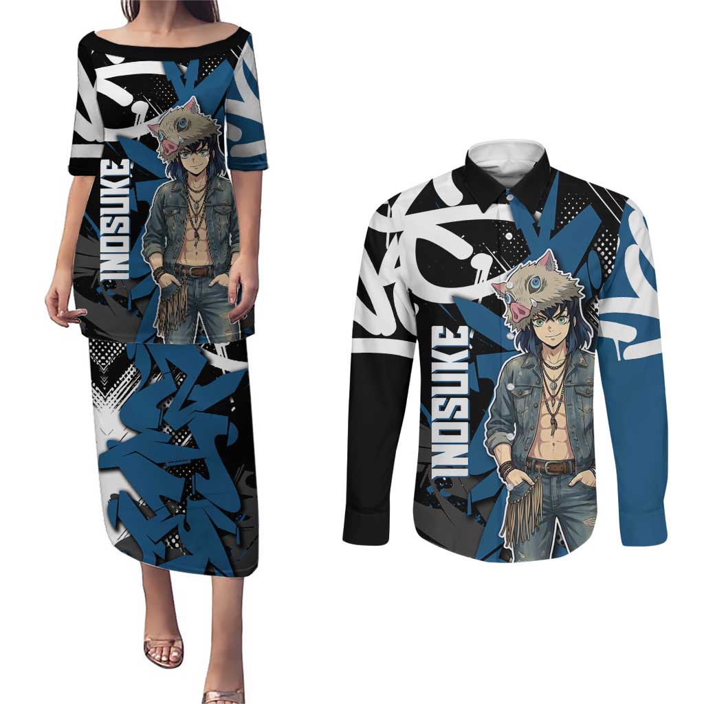 Hashibira Inosuke Demon Slayer Couples Matching Puletasi and Long Sleeve Button Shirt Blue & Black Graffiti Anime