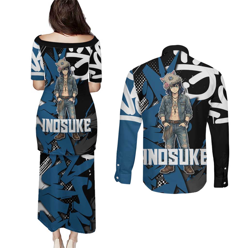 Hashibira Inosuke Demon Slayer Couples Matching Puletasi and Long Sleeve Button Shirt Blue & Black Graffiti Anime