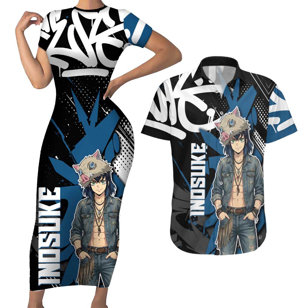 Hashibira Inosuke Demon Slayer Couples Matching Short Sleeve Bodycon Dress and Hawaiian Shirt Blue & Black Graffiti Anime