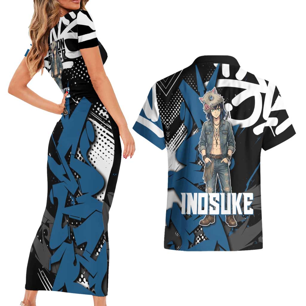 Hashibira Inosuke Demon Slayer Couples Matching Short Sleeve Bodycon Dress and Hawaiian Shirt Blue & Black Graffiti Anime