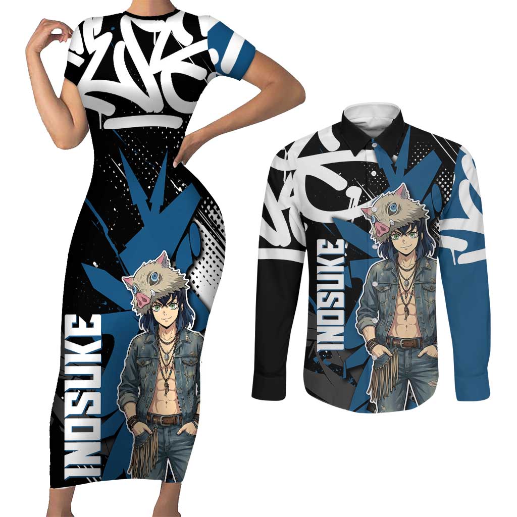 Hashibira Inosuke Demon Slayer Couples Matching Short Sleeve Bodycon Dress and Long Sleeve Button Shirt Blue & Black Graffiti Anime