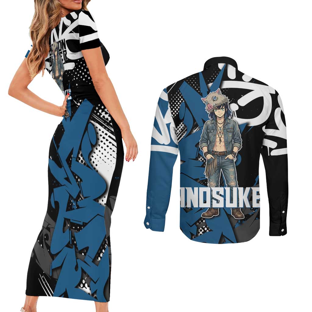 Hashibira Inosuke Demon Slayer Couples Matching Short Sleeve Bodycon Dress and Long Sleeve Button Shirt Blue & Black Graffiti Anime