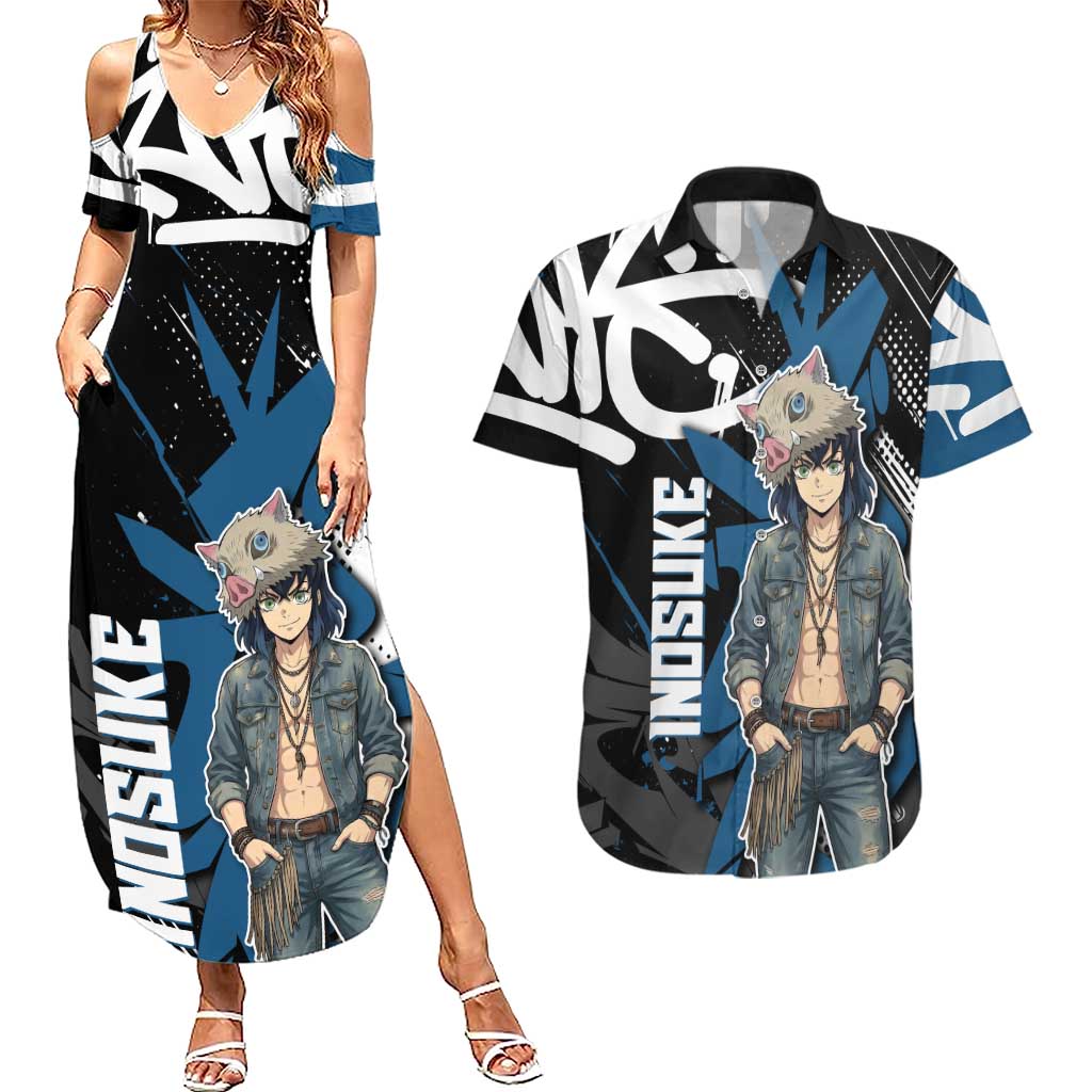 Hashibira Inosuke Demon Slayer Couples Matching Summer Maxi Dress and Hawaiian Shirt Blue & Black Graffiti Anime