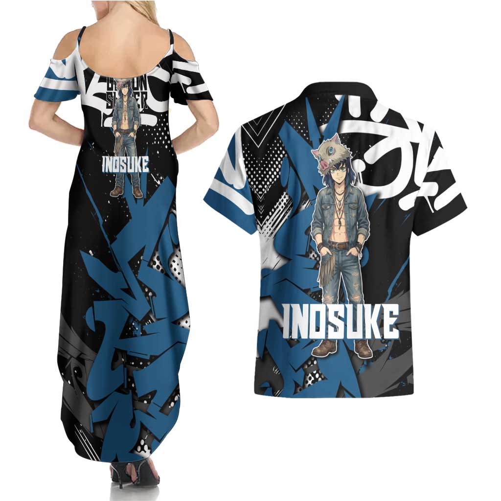Hashibira Inosuke Demon Slayer Couples Matching Summer Maxi Dress and Hawaiian Shirt Blue & Black Graffiti Anime