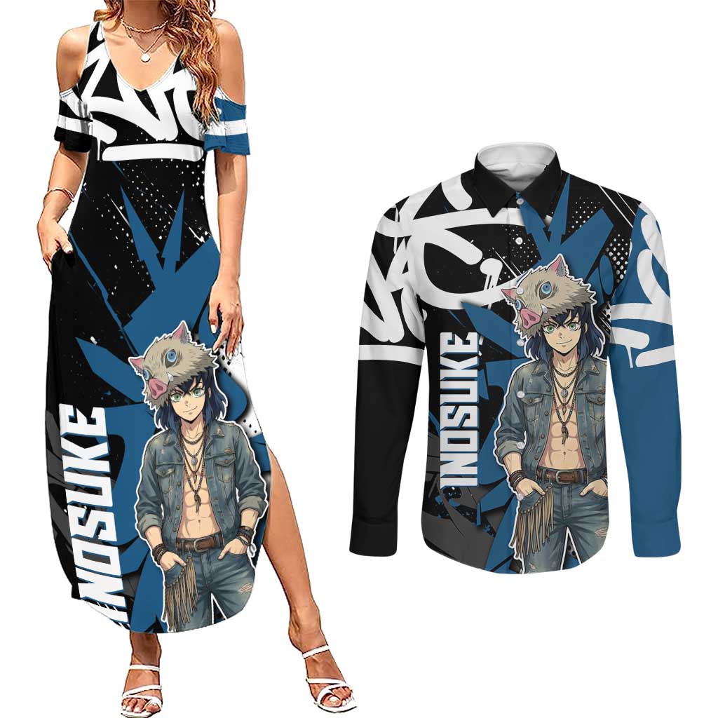 Hashibira Inosuke Demon Slayer Couples Matching Summer Maxi Dress and Long Sleeve Button Shirt Blue & Black Graffiti Anime