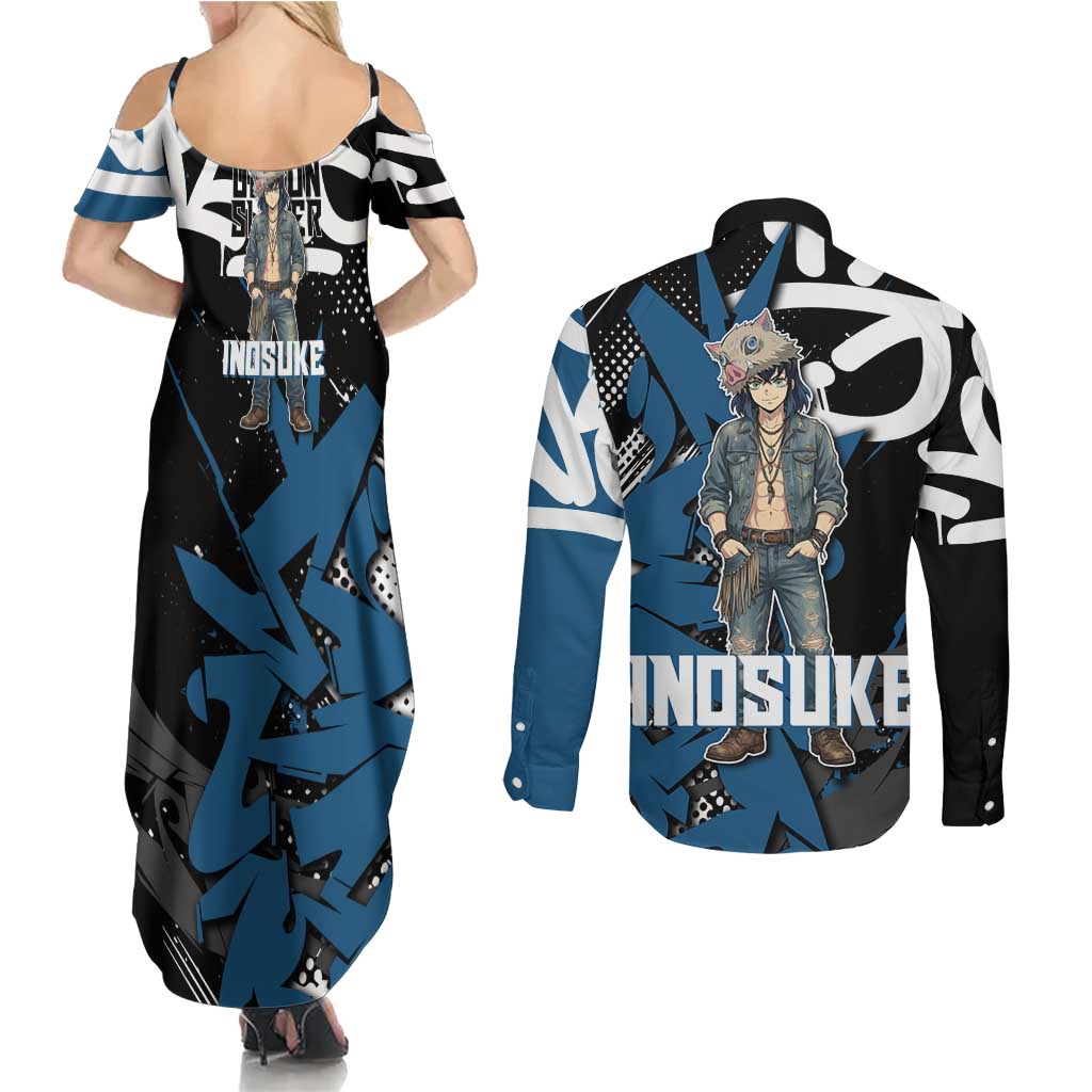 Hashibira Inosuke Demon Slayer Couples Matching Summer Maxi Dress and Long Sleeve Button Shirt Blue & Black Graffiti Anime