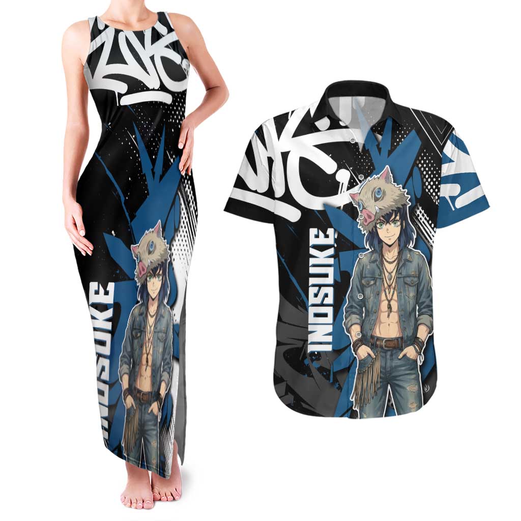 Hashibira Inosuke Demon Slayer Couples Matching Tank Maxi Dress and Hawaiian Shirt Blue & Black Graffiti Anime