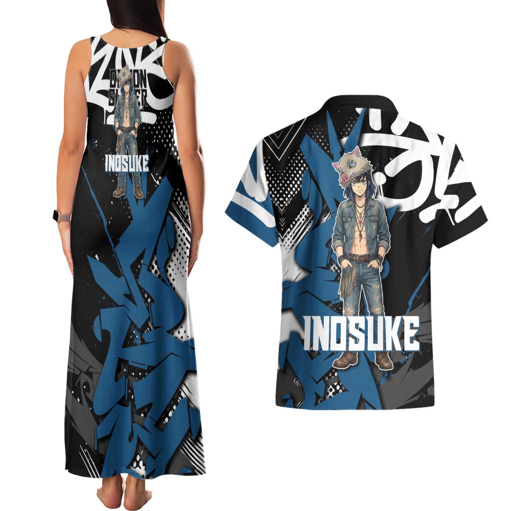 Hashibira Inosuke Demon Slayer Couples Matching Tank Maxi Dress and Hawaiian Shirt Blue & Black Graffiti Anime