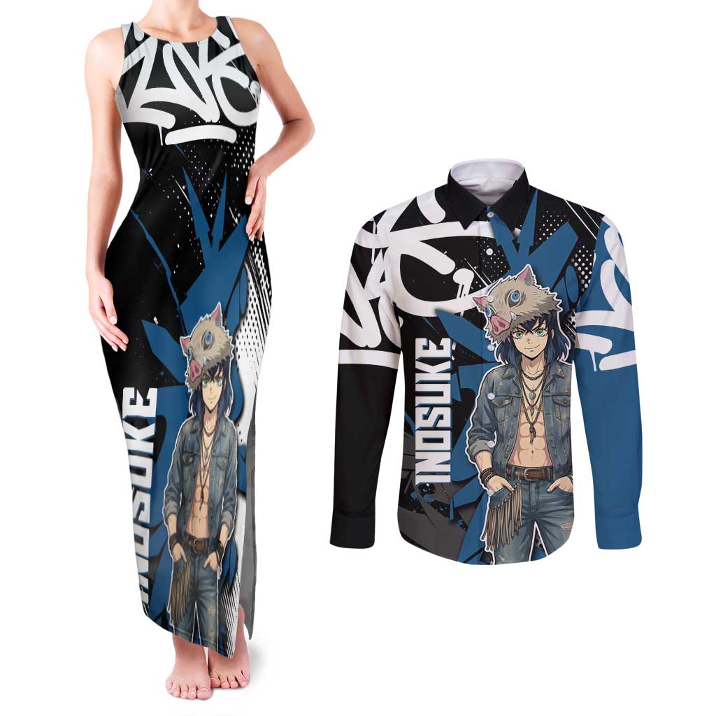 Hashibira Inosuke Demon Slayer Couples Matching Tank Maxi Dress and Long Sleeve Button Shirt Blue & Black Graffiti Anime