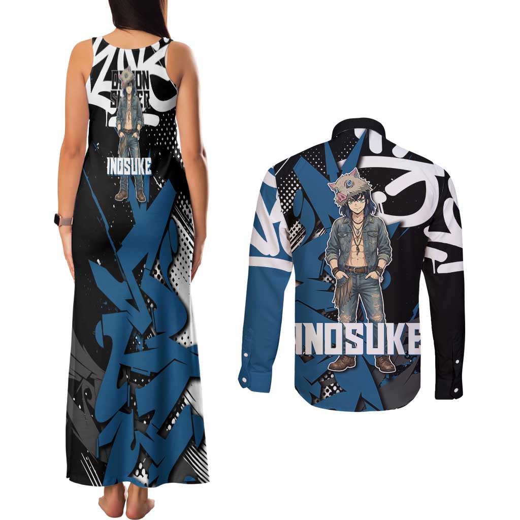 Hashibira Inosuke Demon Slayer Couples Matching Tank Maxi Dress and Long Sleeve Button Shirt Blue & Black Graffiti Anime