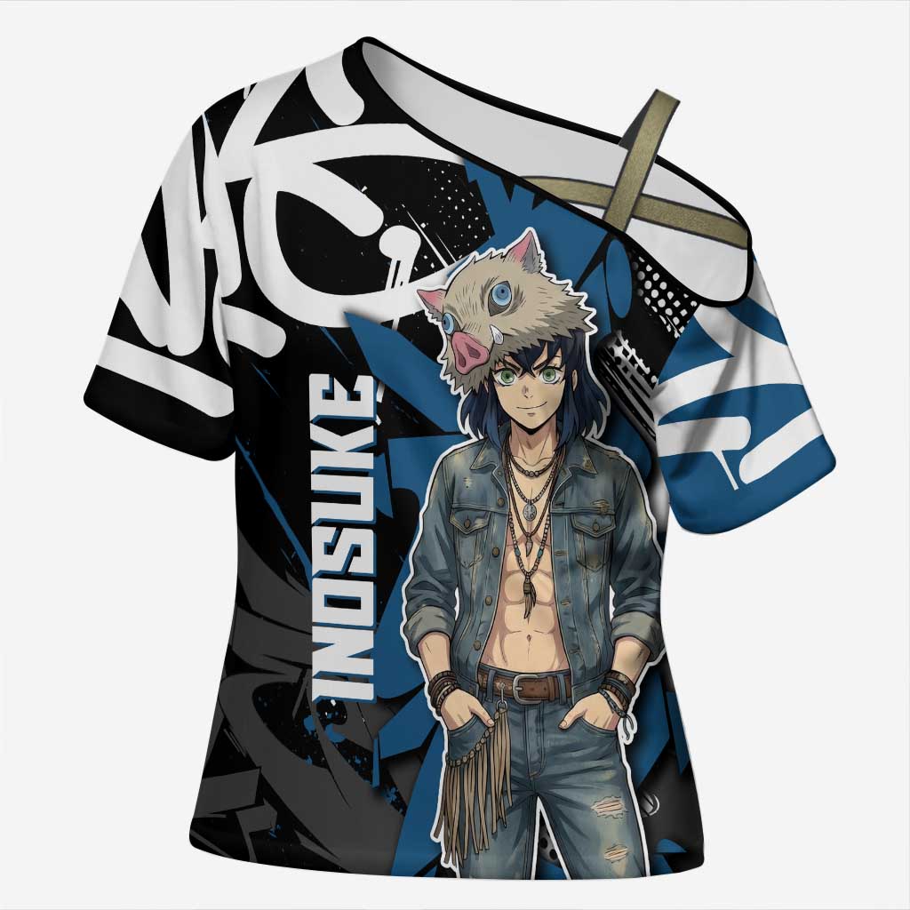 Hashibira Inosuke Demon Slayer Cross Shoulder Shirt Blue & Black Graffiti Anime
