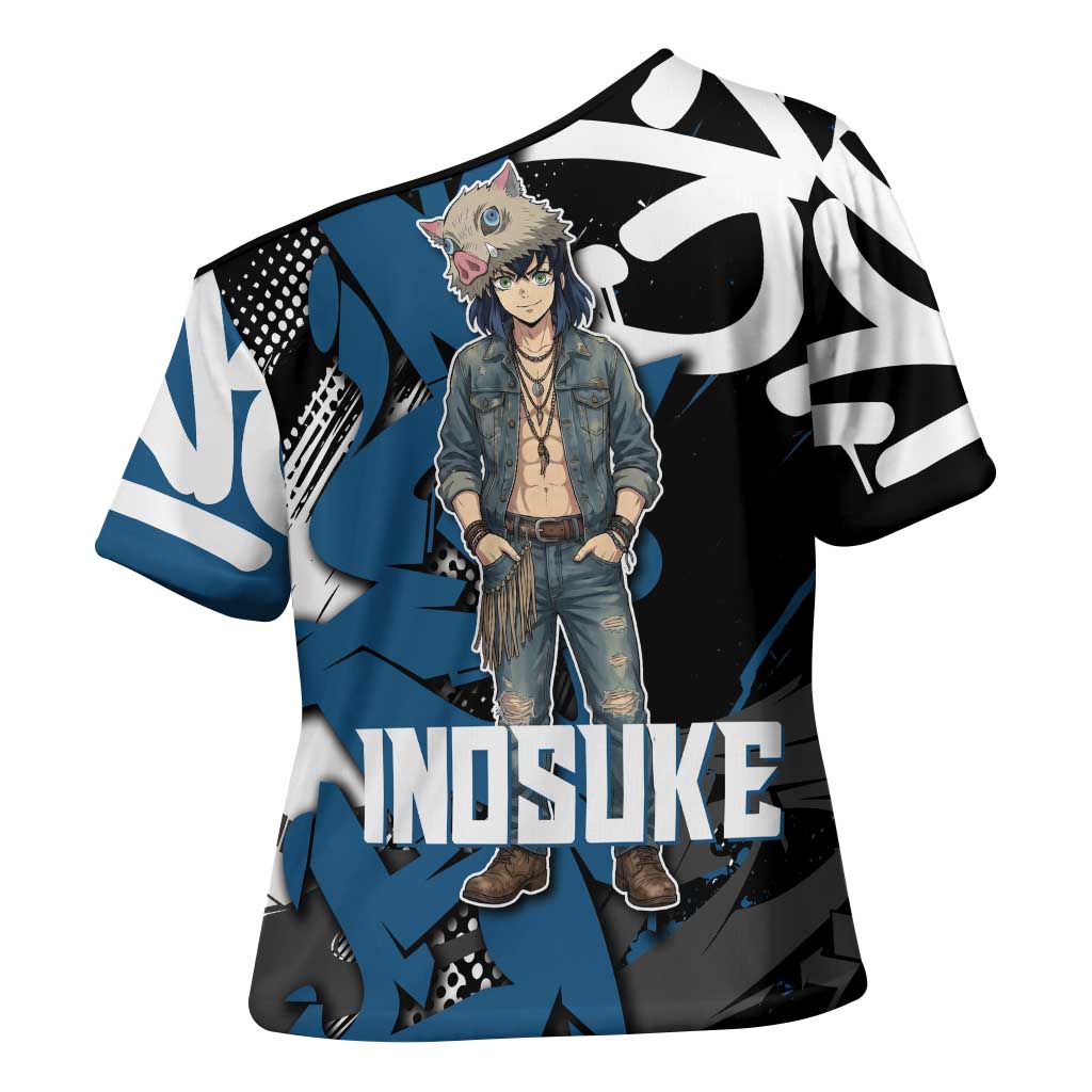 Hashibira Inosuke Demon Slayer Cross Shoulder Shirt Blue & Black Graffiti Anime