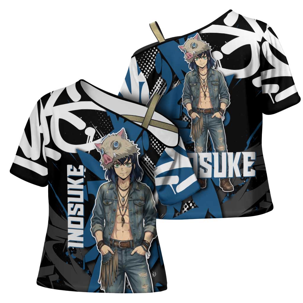 Hashibira Inosuke Demon Slayer Cross Shoulder Shirt Blue & Black Graffiti Anime