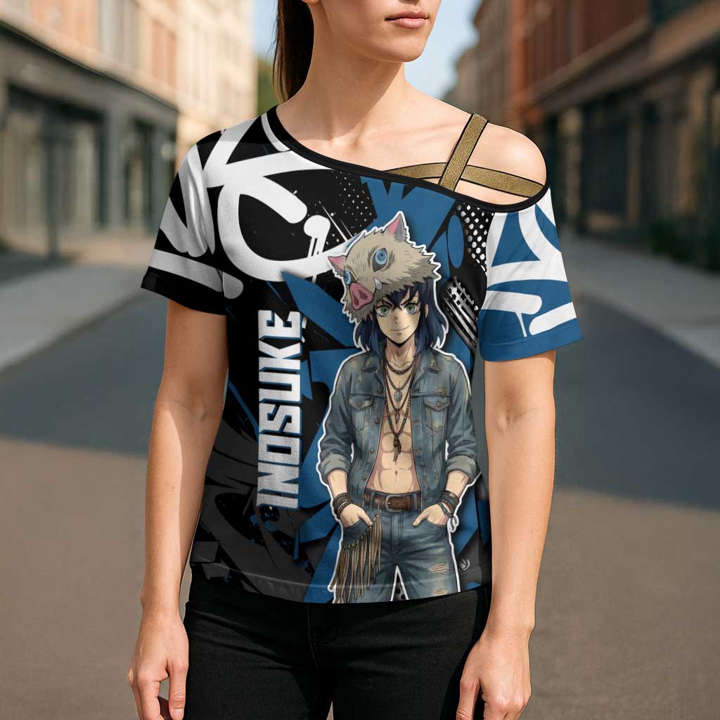 Hashibira Inosuke Demon Slayer Cross Shoulder Shirt Blue & Black Graffiti Anime