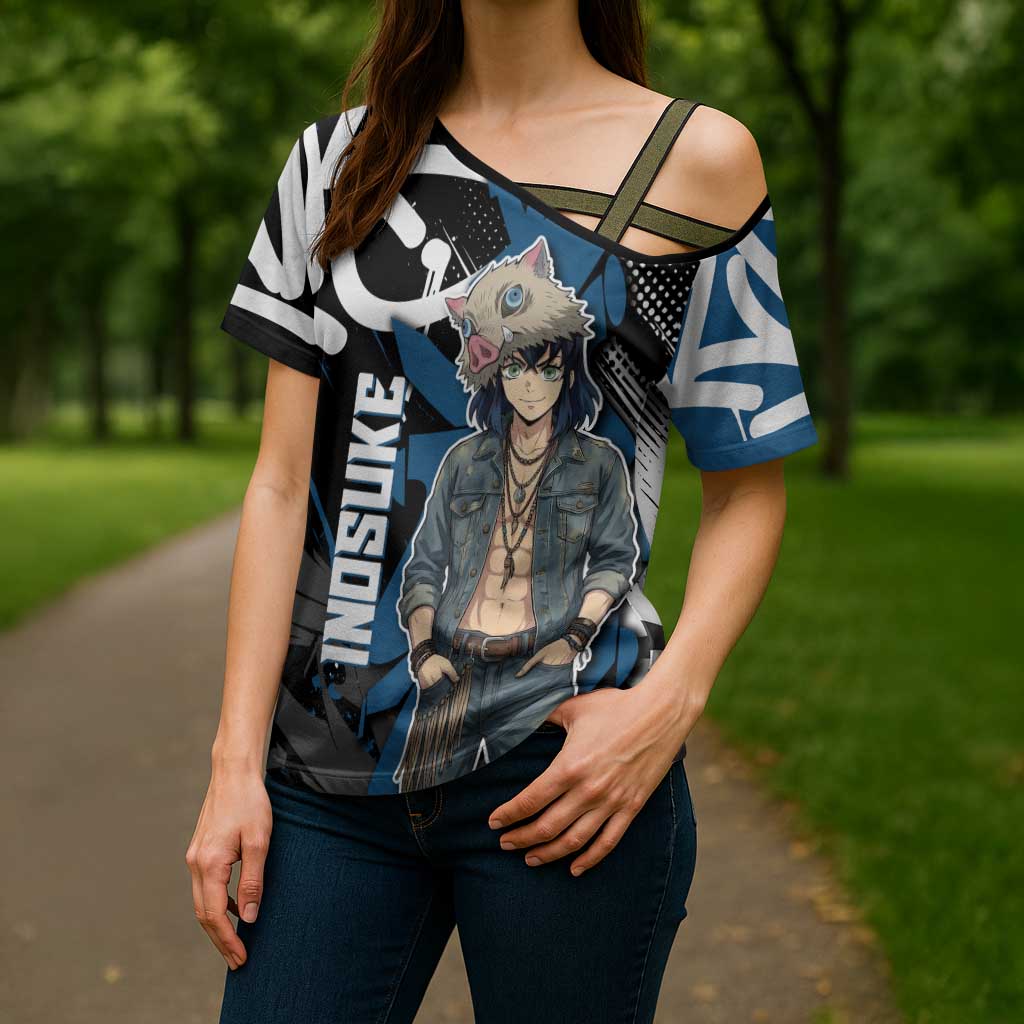 Hashibira Inosuke Demon Slayer Cross Shoulder Shirt Blue & Black Graffiti Anime