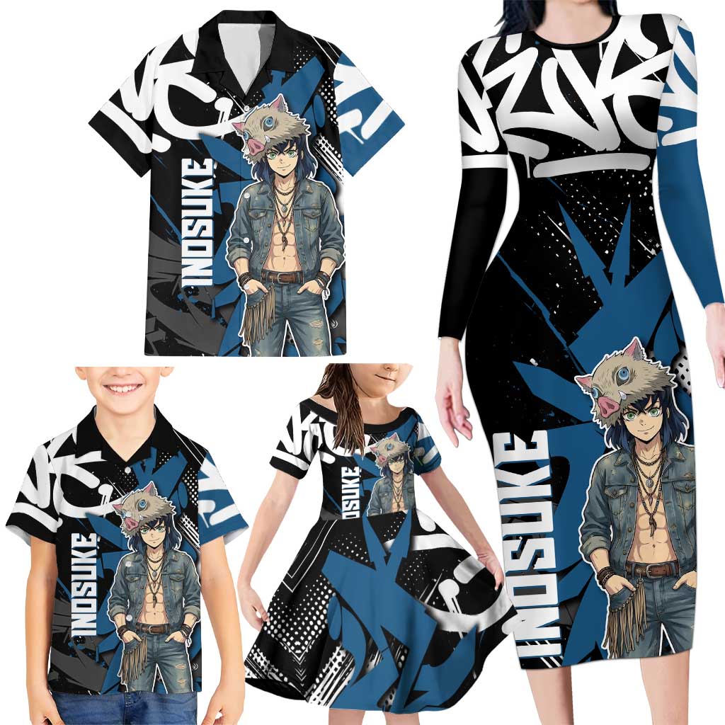Hashibira Inosuke Demon Slayer Family Matching Long Sleeve Bodycon Dress and Hawaiian Shirt Blue & Black Graffiti Anime