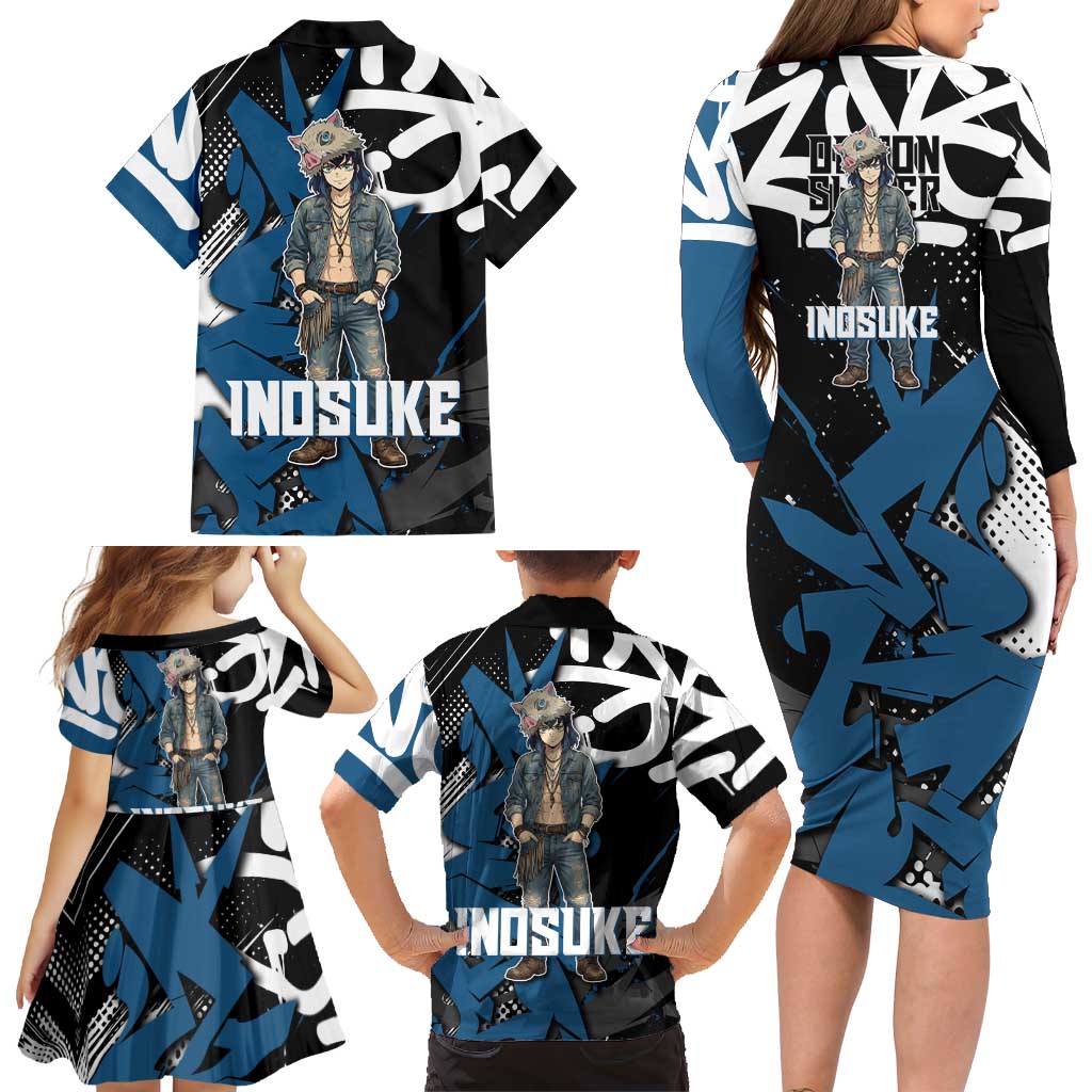 Hashibira Inosuke Demon Slayer Family Matching Long Sleeve Bodycon Dress and Hawaiian Shirt Blue & Black Graffiti Anime