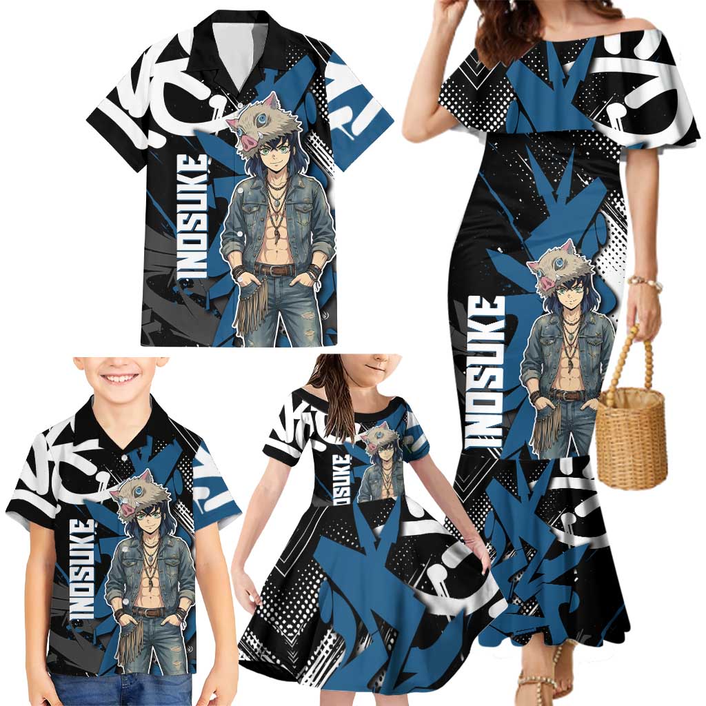 Hashibira Inosuke Demon Slayer Family Matching Mermaid Dress and Hawaiian Shirt Blue & Black Graffiti Anime