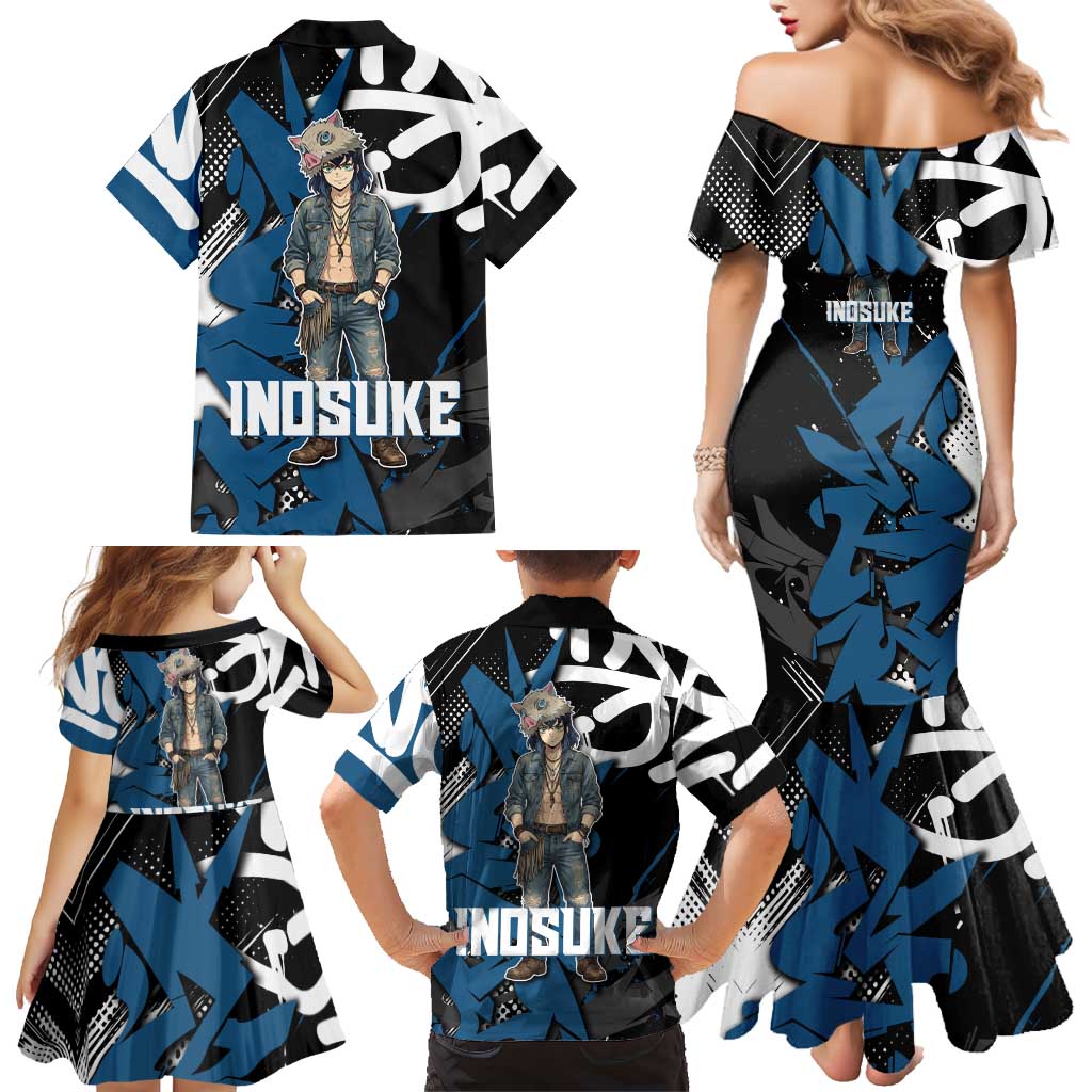 Hashibira Inosuke Demon Slayer Family Matching Mermaid Dress and Hawaiian Shirt Blue & Black Graffiti Anime